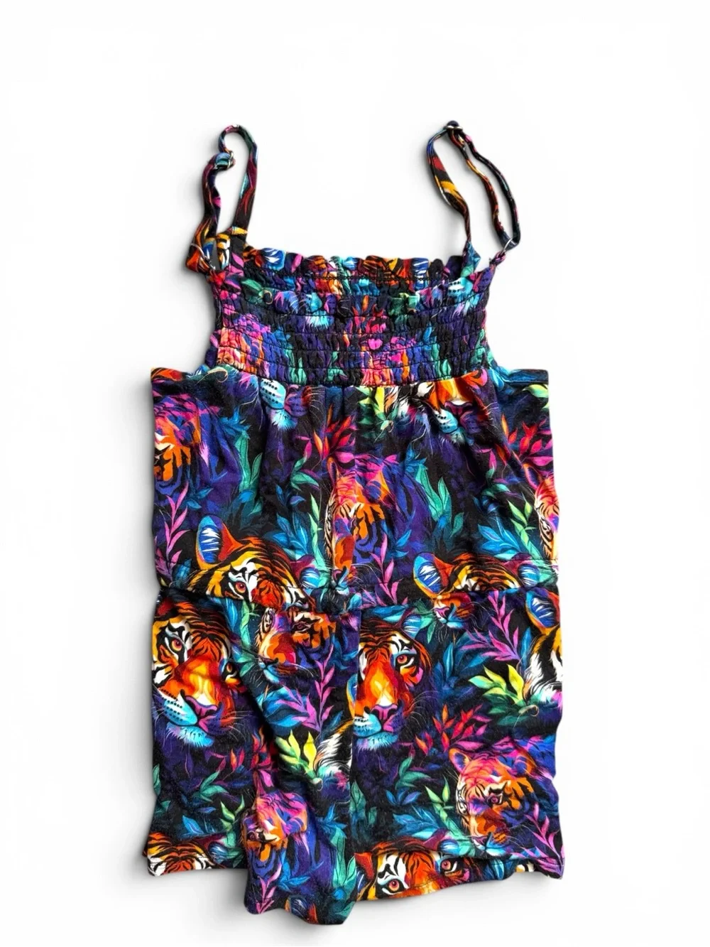 Bums & Roses Girls 3T Bamboo Tiger Print Romper Jungle Smocked Tie Waist EUC